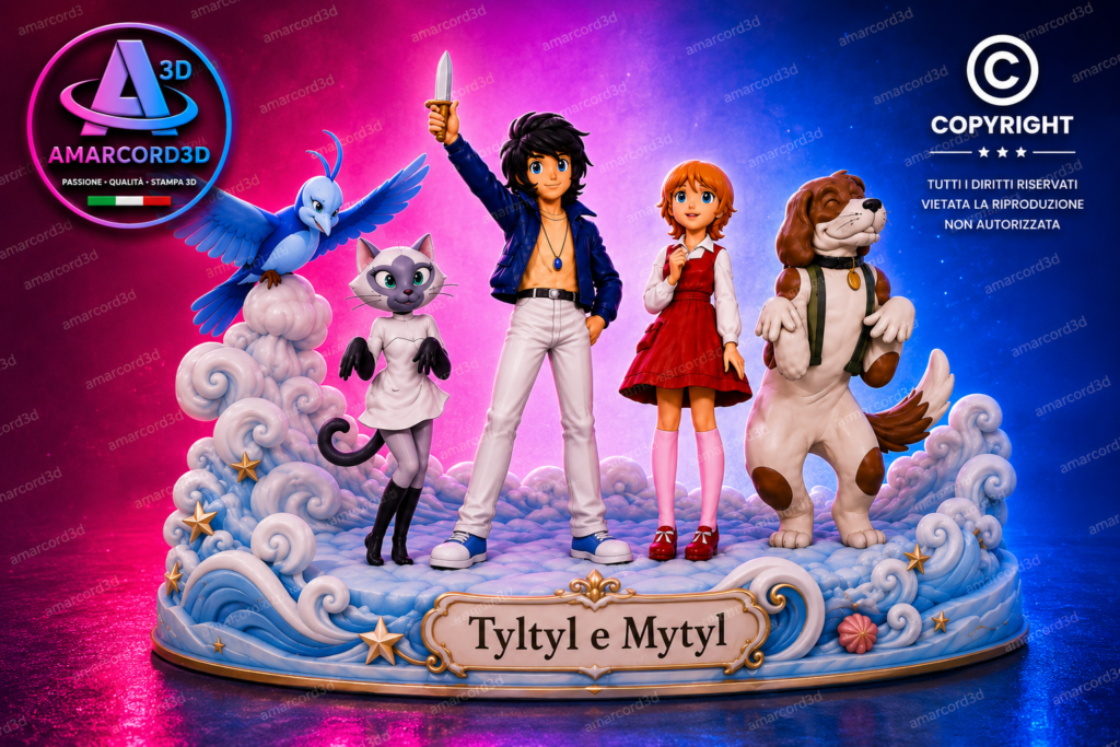 Tyltyl, Mytyl e l'uccellino azzurro Fan Art Action Figure in Resina 3D Diorama 18 cm Dipinto a Mano
