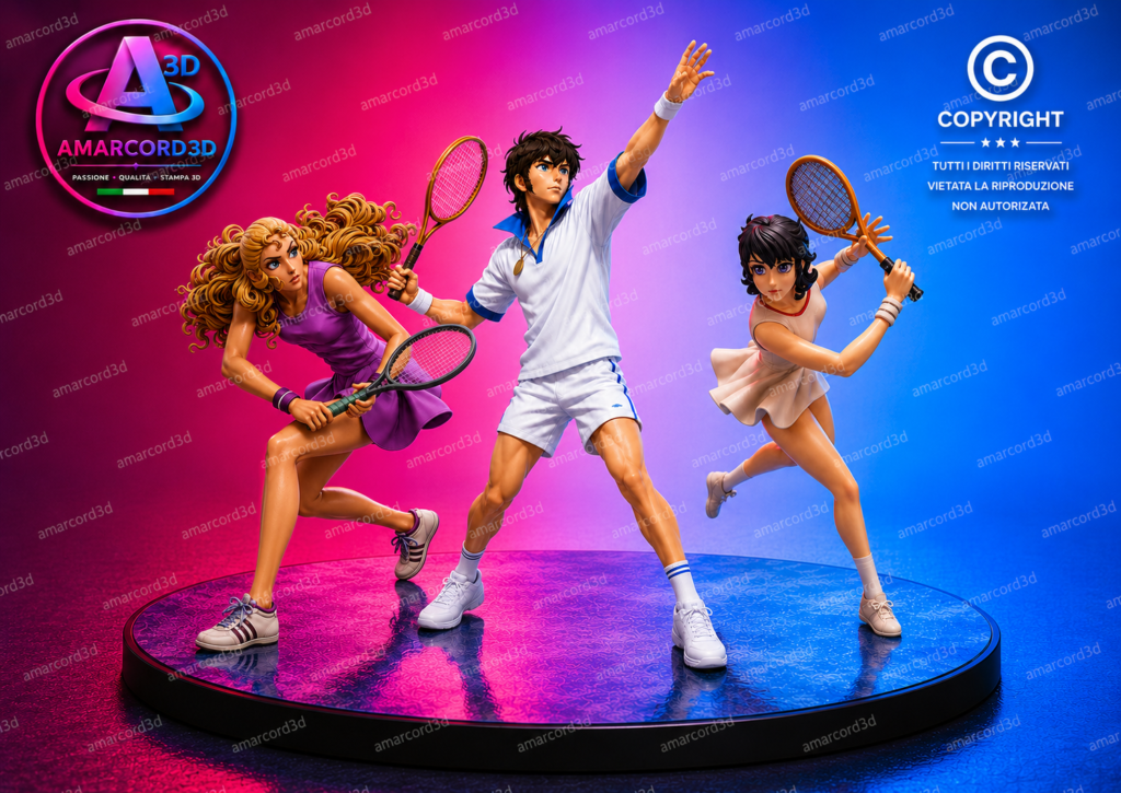Jenny la Tennista Jeremy  e Madame Butterfly DIORAMA TRIO FAN ART ACTION FIGURES Resina Stampa 3D CUSTOM Dipinta a Mano 22 cm